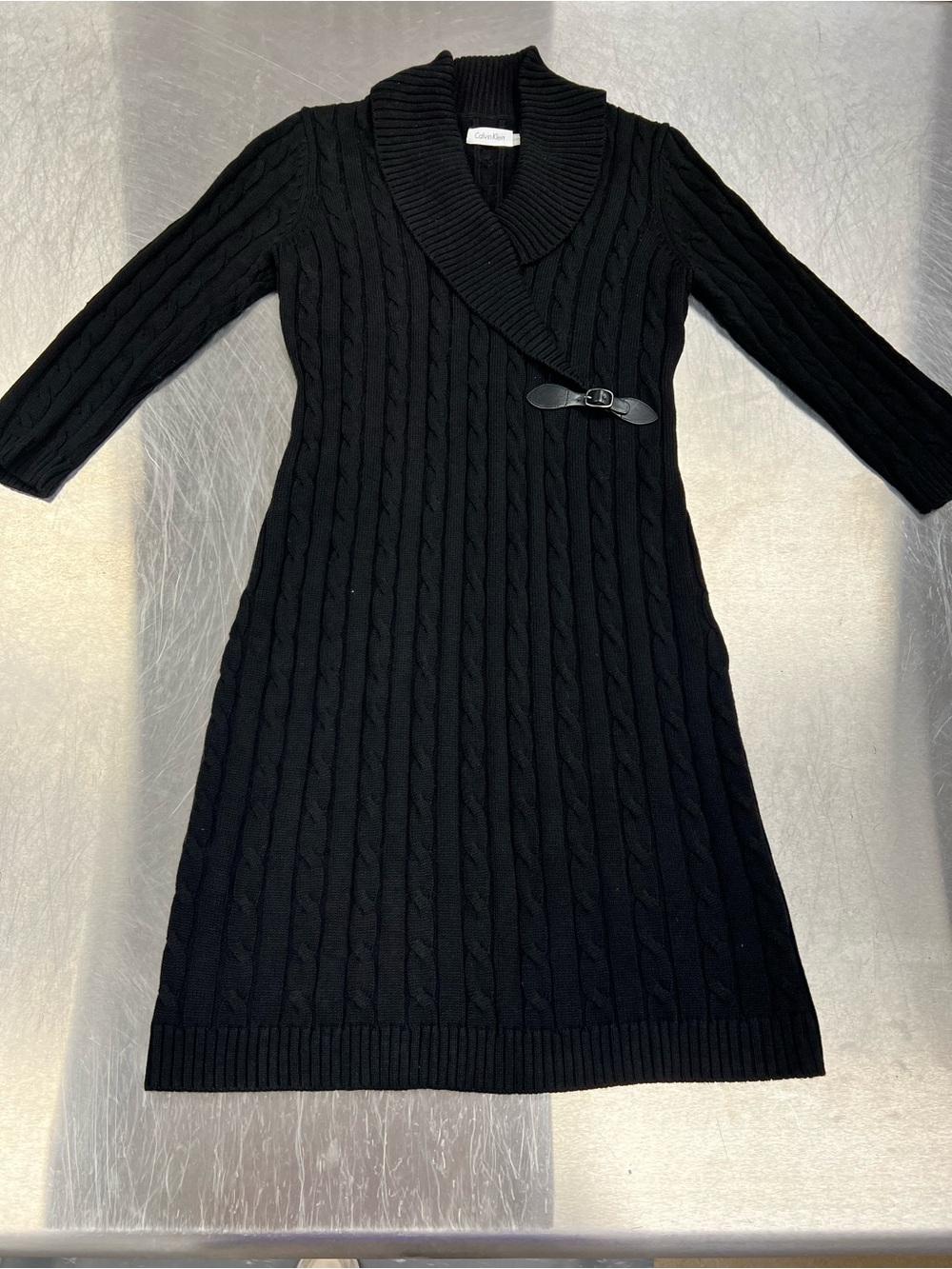 Calvin Klein Cable-Knit Shawl Collar Sweater Dress - Black Medium